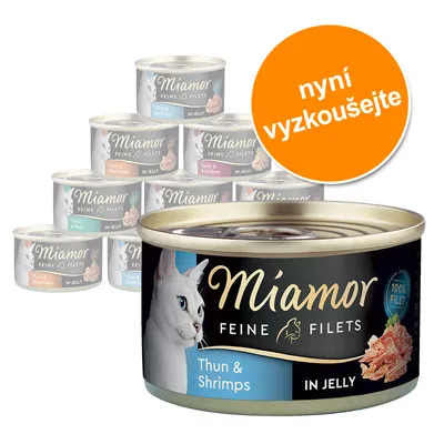 Konzervy Miamor Feine Filets Thun & Shrimps in Jelly, nápis 'nyní vyzkoušejte' v oranžovém kruhu, různé příchutě viditelné na pozadí. Konzervy Miamor Feine Filets Thun & Shrimps in Jelly, nápis 'nyní vyzkoušejte' v oranžovém kruhu, různé příchutě viditelné na pozadí.