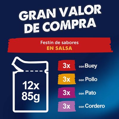 12x85g bolsitas, Festín de sabores en salsa: 3x con ternera, pollo, pato y cordero cada una. Gran valor de compra.