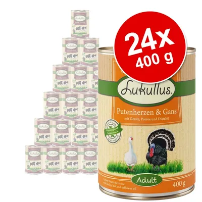 Lukullus Putenherzen & Gans Adult, balenie 24×400 g konzerv. Viditeľný nápis: 24x 400 g. Na etikete obrázok morky a husi, text v nemčine.