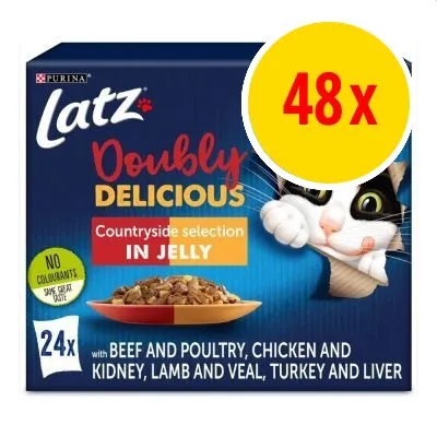 Latz Doubly Delicious Countryside selection in jelly, 48x. Innehåller nötkött och fågel, kyckling och njure, lamm och kalv, kalkon och lever. Ingen färgämnen enligt förpackningen.