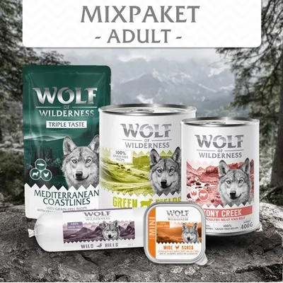Wolf of Wilderness Mixpaket Adult mit verschiedenen Sorten: Mediterranean Coastlines, Green Fields, Rocky Creek, Wild Hills und Wide Acres. 100% getreidefreie Rezepturen.