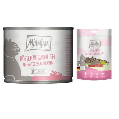 MjAMjAM Kombi-Paket: 12 x 200 g Nassfutter + 3 x 125 g Snackbag kulinarischer Wildlachs - köstliche Garnelen an saftigem Hühnchen 12 x 200 g + Snackbag kulinarischer Wildlachs 3 x 125 g