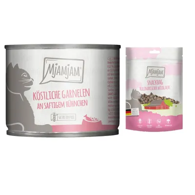 MjAMjAM Kombi-Paket: 12 x 200 g Nassfutter + 3 x 125 g Snackbag kulinarischer Wildlachs - köstliche Garnelen an saftigem Hühnchen 12 x 200 g + Snackbag kulinarischer Wildlachs 3 x 125 g