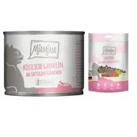 MjAMjAM Kombi-Paket: 12 x 200 g Nassfutter + 3 x 125 g Snackbag kulinarischer Wildlachs - köstliche Garnelen an saftigem Hühnchen 12 x 200 g + Snackbag kulinarischer Wildlachs 3 x 125 g