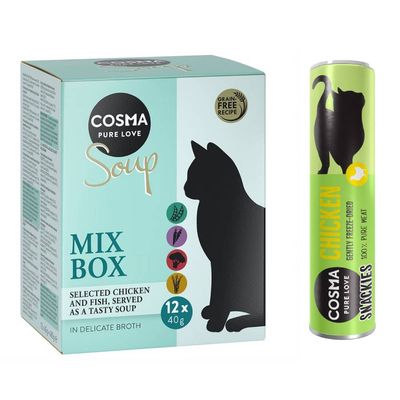 Cosma Kombi-Paket: 24 x 40 g Soup + 3 x Snackie Mixpaket 2 (4 Sorten) + Hühnchen (3 x 26 g)