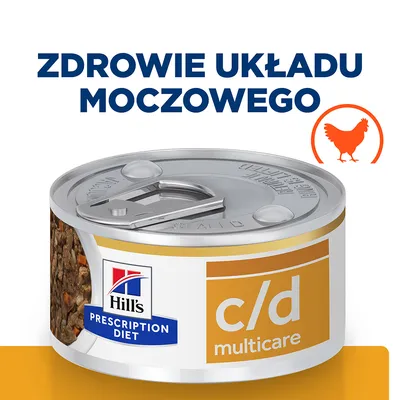 Hill's Prescription Diet c/d Multicare, puszka karmy z widocznym napisem 'ZDROWIE UKŁADU MOCZOWEGO' i symbolem kurczaka.