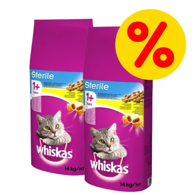 2 sacchi Whiskas Sterile 1+ Years da 14 kg per gatti, offerta con simbolo percentuale in giallo e rosso visibile sull'immagine.