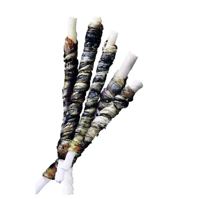 Four twisted chew snacks made from dried fish and white rawhide, suitable as treats or for keeping pets occupied.