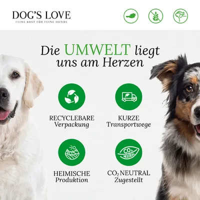 Dog's Love: Die Umwelt liegt uns am Herzen. Recycelbare Verpackung, kurze Transportwege, heimische Produktion, CO2-neutral zugestellt.