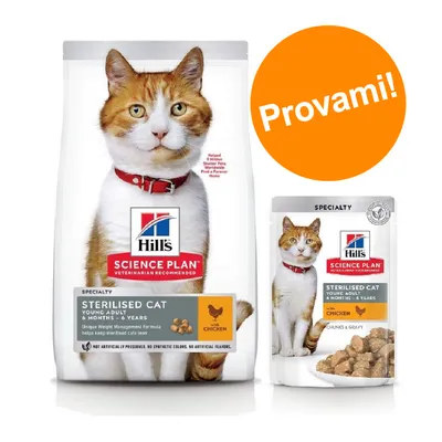 Hill's Science Plan Sterilised Cat Young Adult 6 Months–6 Years con pollo, confezione grande e bustina, scritta arancione 'Provami!' visibile sull'immagine.