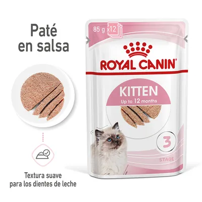 Royal Canin Kitten Up to 12 months, paté en salsa, 85 g x12. Textura suave para los dientes de leche. Imagen de alimento y gatito. Etapa 3.
