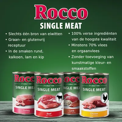 Rocco Single Meat natvoer, smaken rund, kalkoen, lam en kip. Slechts één eiwitbron, graan- en glutenvrij, 100% verse ingrediënten, minstens 70% vlees, zonder kunstmatige toevoegingen.