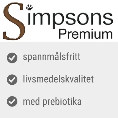 Simpsons Premium. Spannmålsfritt, livsmedelskvalitet, med prebiotika.