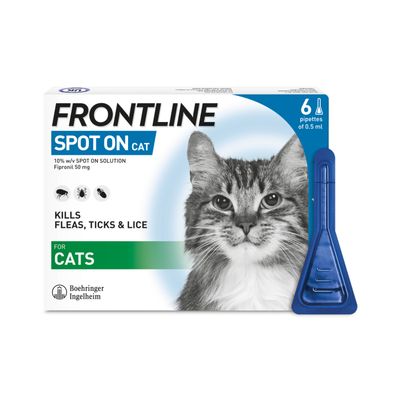 Frontline Spot On for cats, kills fleas, ticks and lice. Contains 6 pipettes of 0.5 ml each with Fipronil 50 mg solution. For external use on cats only.