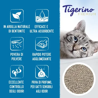 Tigerino Premium lettiera per gatti: in argilla naturale di bentonite, efficace e ultra assorbente, povera di polvere, rapido potere agglomerante, eccellente controllo odori, senza profumo.