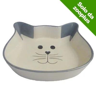 Ciotola in ceramica a forma di testa di gatto con disegno di muso felino, bordo grigio e scritta 'Solo da zooplus' su sfondo verde nell’angolo in alto a destra.