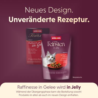 animonda vom Feinsten in Jelly, neues Design, unveränderte Rezeptur. Raffinesse in Gelee wird in Jelly. Bestellung kann altes und neues Design enthalten.
