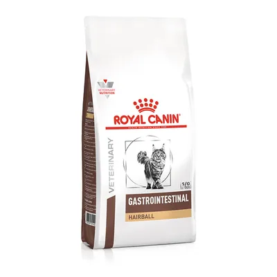 Opakowanie karmy Royal Canin Veterinary Gastrointestinal Hairball dla kotów, widoczne logo, ilustracja kota i napisy: VETERINARY NUTRITION, GASTROINTESTINAL, HAIRBALL, S/O INDEX.