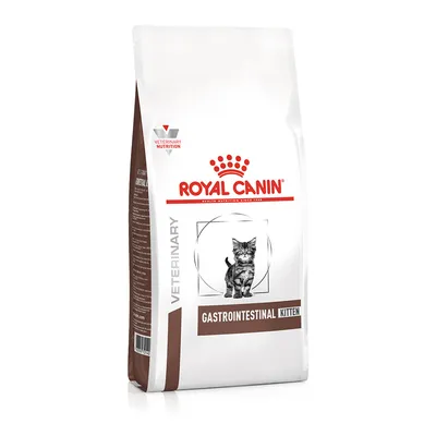 Opakowanie karmy Royal Canin Gastrointestinal Kitten z wizerunkiem kota, widoczne napisy: VETERINARY NUTRITION, GASTROINTESTINAL KITTEN, Royal Canin.