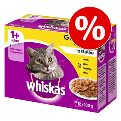 Pachet Whiskas hrană umedă pentru pisici, 12 x 100 g, cu pui, rață, pasăre, curcan. Text vizibil: 1+ Jahre, 100% komplett & ausgewogen, in Gelee, 3x mit Huhn Ente Geflügel Pute. Simbol reducere procent.