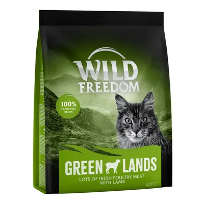 Wild Freedom Green Lands kattenvoer, 100% grain-free recipe, lots of fresh poultry meat with lamb, 400 g. Afbeelding van een kat op de verpakking.