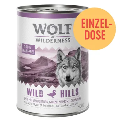 Wolf of Wilderness Wild Hills Einzel-Dose, 100% grain-free, Ente mit Waldbeeren, Wurzeln und Wildkräutern, 400g
