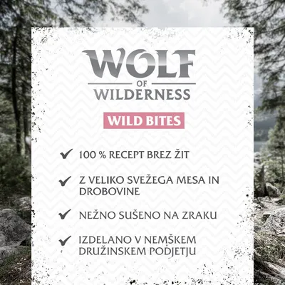 Wolf of Wilderness Wild Bites: 100 % recept brez žit, z veliko svežega mesa in drobovine, nežno sušeno na zraku, izdelano v nemškem družinskem podjetju.