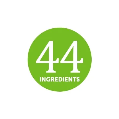 44 INGREDIENTS text in white on a green circle