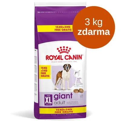 ROYAL CANIN giant adult XL 15 kg + 3 kg zdarma, nápis 15 KG + 3 KG FREE GRATIS, obrázek velkého psa na obalu. ROYAL CANIN giant adult XL 15 kg + 3 kg zdarma, nápis 15 KG + 3 KG FREE GRATIS, obrázek velkého psa na obalu.