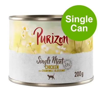 Purizon Single Meat Chicken with Chamomile Blossoms, 200g can, visible text: 'Single Can', '13% high-quality fat', cat silhouette icon Purizon Single Meat Chicken with Chamomile Blossoms, 200g can, visible text: 'Single Can', '13% high-quality fat', cat silhouette icon