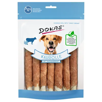 Confezione Dokas Kaurolle mit Truthahnbrust, bastoncini masticabili visibili in plastica richiudibile. Testo: Chewing roll with turkey breast, regolare controllo qualità da Fresenius.
