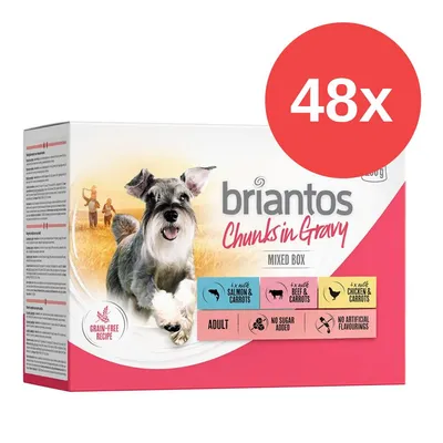 Briantos Chunks in Gravy Mixed Box, 48x. Recette sans céréales, sans sucre ajouté, sans arômes artificiels. Variétés : saumon & carottes, bœuf & carottes, poulet & carottes. Pour chiens adultes.