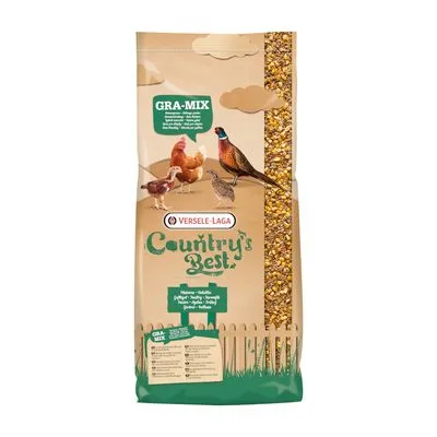 Versele-Laga Country's Best GRA-MIX, afbeelding van kippen en fazant op verpakking. Zichtbare granenmengeling in transparante strook aan de zijkant.