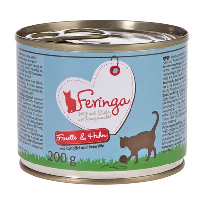 Feringa Forelle & Huhn, mit Kartoffel und Petersilie, 200 g. Tekst: Mit viel Liebe wie hausgemacht. Dåse med kattemad, synlig ingrediensliste og fodringsvejledning.