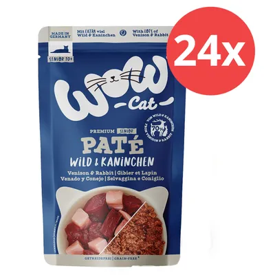 WOW Cat Premium Senior Paté Wild & Kaninchen, getreidefrei, Made in Germany, 70% Wild & Kaninchen, 24x Portionsbeutel.