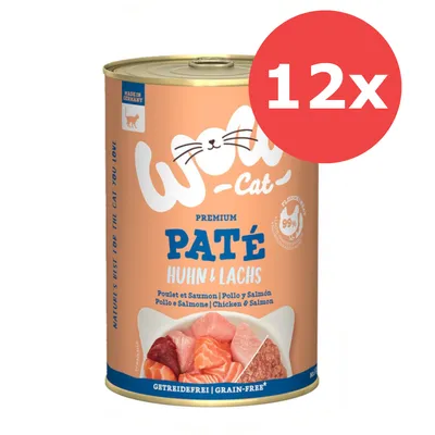 Wuu Cat Premium Paté Huhn & Lachs, getreidefrei, Made in Germany, 99% Fleischanteil. Packung mit 12 Dosen.