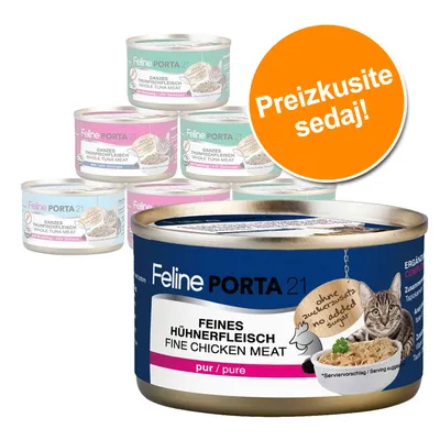 Več pločevink Feline Porta 21, vidni napisi: 'FEINES HÜHNERFLEISCH FINE CHICKEN MEAT', 'GANZES THUNFISCHFLEISCH WHOLE TUNA MEAT', oranžni krog z besedilom 'Preizkusite sedaj!'.