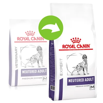 Packaging change from Royal Canin Veterinary Neutered Adult Medium Dogs to Royal Canin Expert Neutered Adult Medium Dogs, shown with a green arrow between bags.