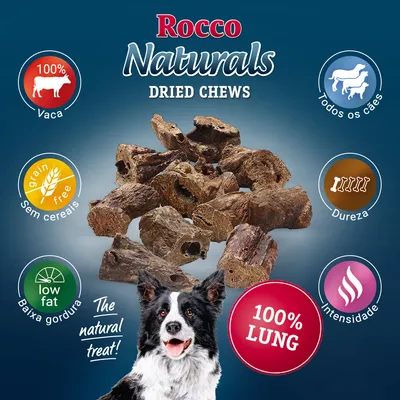 Rocco Naturals Dried Chews, 100% Vaca, Sem cereais, Baixa gordura, Todos os cães, Dureza, Intensidade, 100% LUNG. Imagem de snacks secos e cão preto e branco.