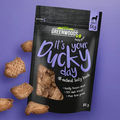 GREENWOODS It's your Ducky day, gustări pentru câini adulți, 97% piept de rață, fără cereale, 100 g. Text în engleză pe ambalaj: All-natural, tasty treats, gently freeze-dried, free from grains.