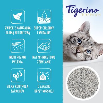 Tigerino Premium. Żwirek z naturalną glinką bentonitową, super chłonny i wydajny, niski poziom pylenia, natychmiastowe zbrylanie, silna kontrola zapachów, o zapachu bryzy morskiej.