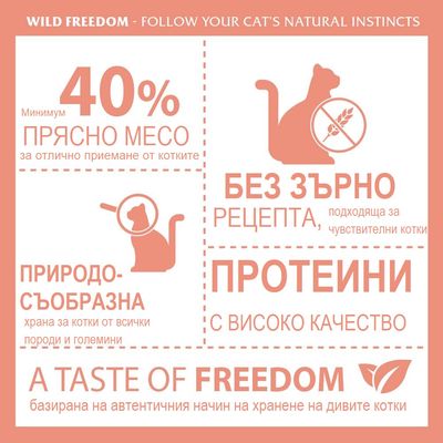 Wild Freedom. Минимум 40% прясно месо, без зърно рецепта, протеини с високо качество, природосъобразна храна за котки от всички породи и големини. A taste of freedom.