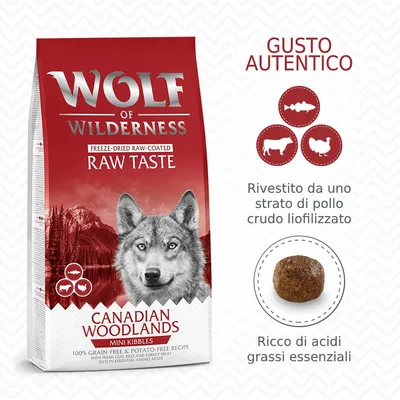Wolf of Wilderness Canadian Woodlands Mini Kibbles, gusto autentico, rivestito da uno strato di pollo crudo liofilizzato, ricco di acidi grassi essenziali. Con manzo, tacchino e pollo. Wolf of Wilderness Canadian Woodlands Mini Kibbles, gusto autentico, rivestito da uno strato di pollo crudo liofilizzato, ricco di acidi grassi essenziali. Con manzo, tacchino e pollo.