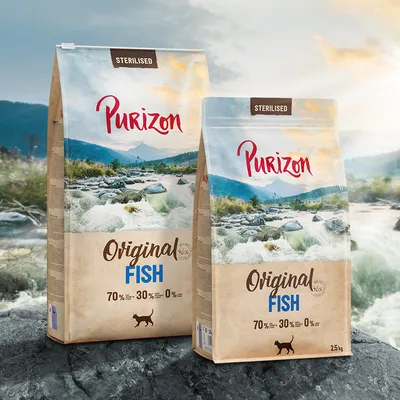 Purizon Sterilised Original Fish macskaeledel, 70% hal, 30% zöldség, 0% gabona. 2,5 kg és 6,5 kg csomagolás látható. Purizon Sterilised Original Fish macskaeledel, 70% hal, 30% zöldség, 0% gabona. 2,5 kg és 6,5 kg csomagolás látható.