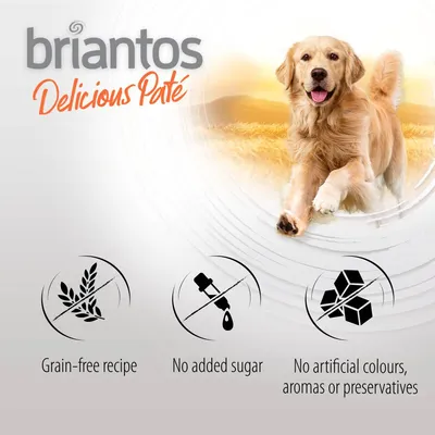 Briantos Delicious Paté. Getreidefreie Rezeptur, ohne Zuckerzusatz, keine künstlichen Farben, Aromen oder Konservierungsstoffe.