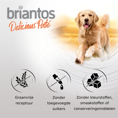 briantos Delicious Paté. Graanvrije receptuur. Zonder toegevoegde suikers. Zonder kleurstoffen, smaakstoffen of conserveringsmiddelen.