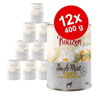 Purizon Single Meat Chicken with Chamomile Blossoms, 12x400 g konzervi za pse. Natpis: 13% single meat. Prikazane limenke s tratinčicama na etiketi.