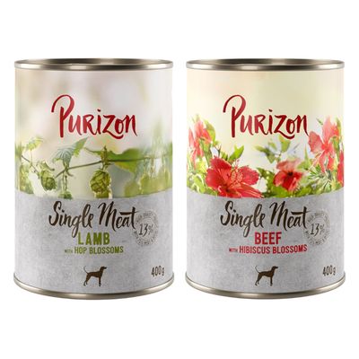 Sparpaket Purizon Single Meat 12 x 400 g Mix: 6x Rind mit Hibiskusblüten, 6x Lamm mit Hopfenblüten