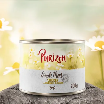 Purizon Single Meat Chicken mit Kamillenblüten, 200g Dose. 13% Feuchtigkeit. Produktabbildung mit Blumenmotiv.