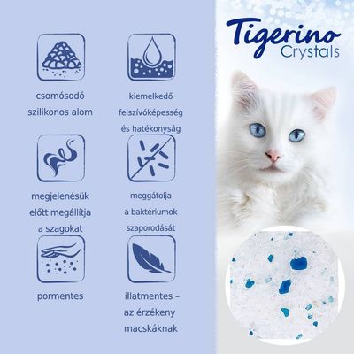 Tigerino Crystals csomósodó szilikonos alom: kiemelkedő felszívóképesség, hatékonyság, szagmentesítés, baktériumok szaporodásának gátlása, pormentes, illatmentes érzékeny macskáknak.